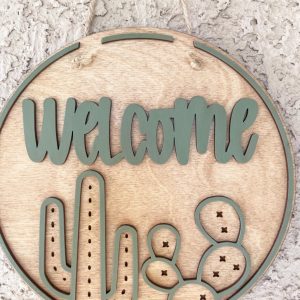 Cactus Welcome Sign: Engraved Wood Front Door Decor