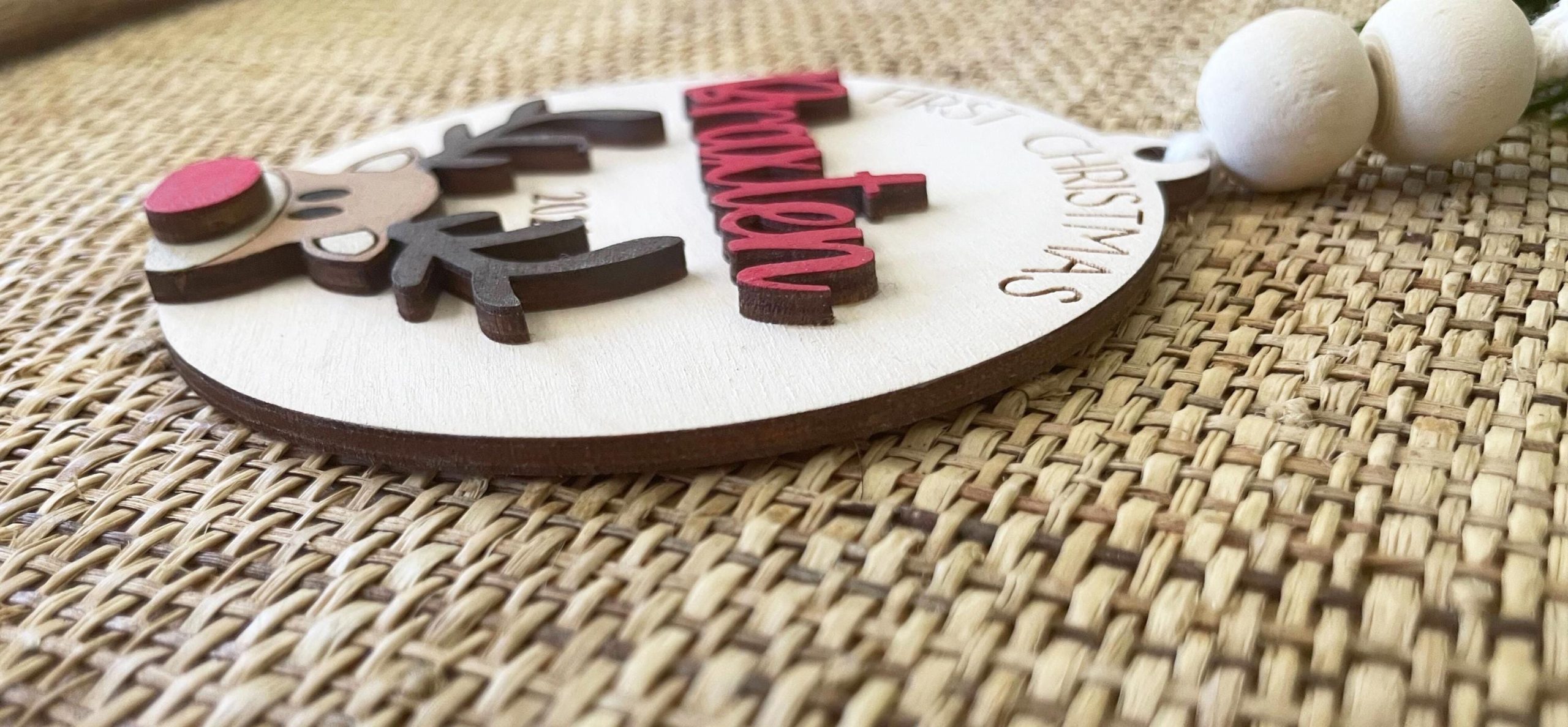 Reindeer Baby's First Christmas Ornament, Personalized Name Wood Ornament with Beads, Christmas Present, Custom Handmade Keepsake Decoration - Image 3