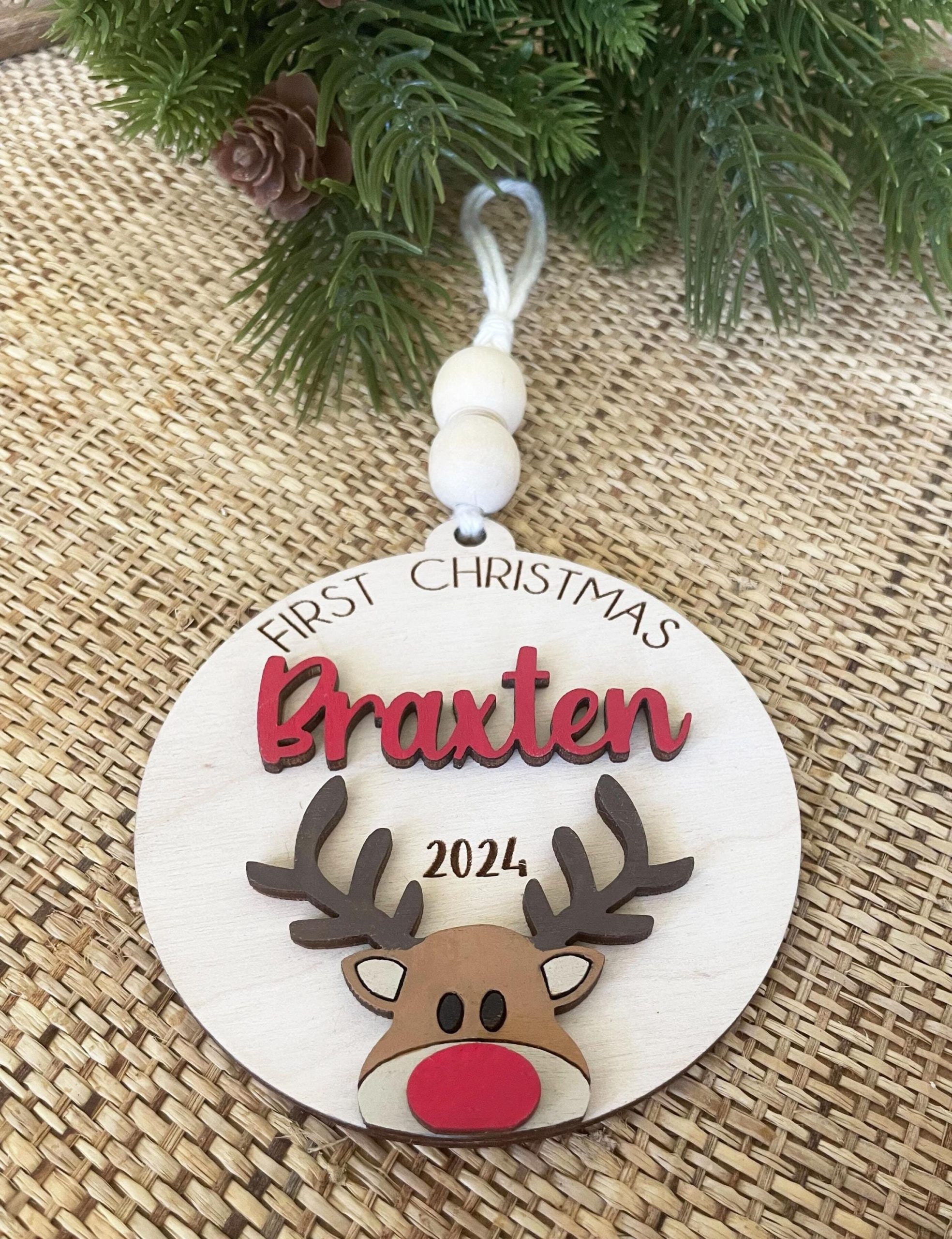 Reindeer Baby's First Christmas Ornament, Personalized Name Wood Ornament with Beads, Christmas Present, Custom Handmade Keepsake Decoration - Image 2