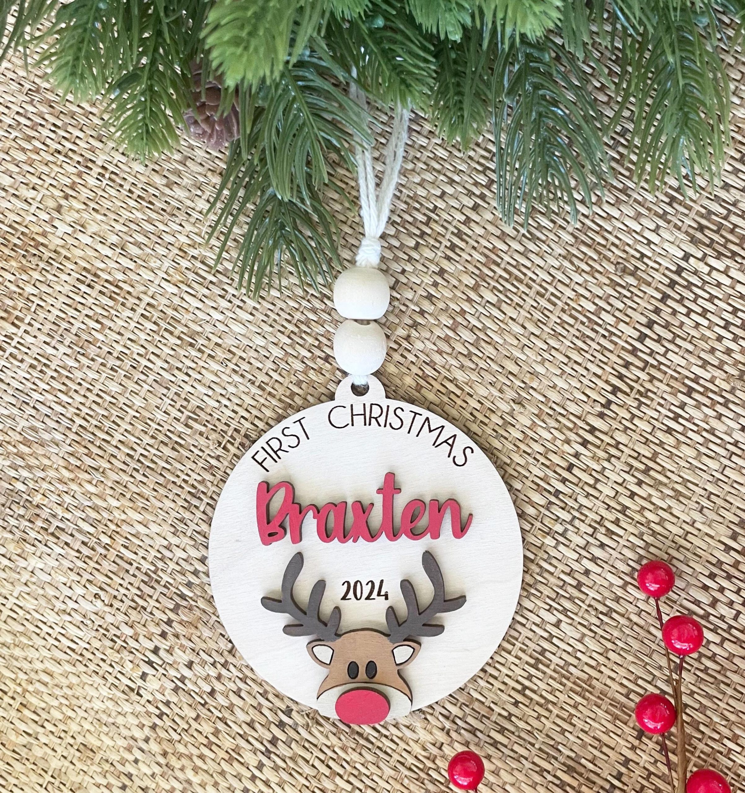 Reindeer Baby's First Christmas Ornament, Personalized Name Wood Ornament with Beads, Christmas Present, Custom Handmade Keepsake Decoration