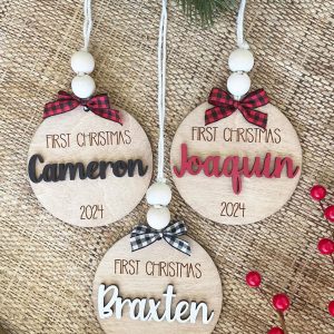 Baby's First Christmas Ornament, Personalized Name Wood Ornament with Beads and Bow, Christmas Present, Custom Handmade Keepsake Decoration