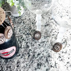 Succulent Wine Glass Charms Set: Engraved Wood with Wine Bottle Hanger