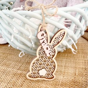 Personalized Easter Basket Tag, Rattan Pattern Bunny With Tail and Name, Custom Gift for Boy, Girl, Child, Grandkid, Choose Your Color