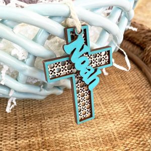 Personalized Easter Cross Basket Tag, Rattan Pattern With Name, Custom Gift for Boy, Girl, Child, Grandkid, Choose Your Color