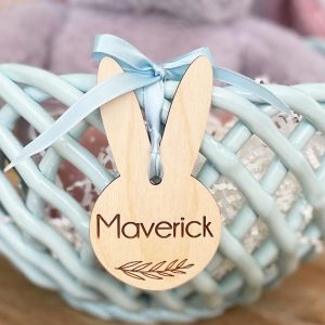 Personalized Easter Basket Tag: Engraved Bunny Ears, Leaf Design