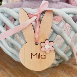 Personalized Easter Basket Tag: Engraved Bunny Ears with Flower