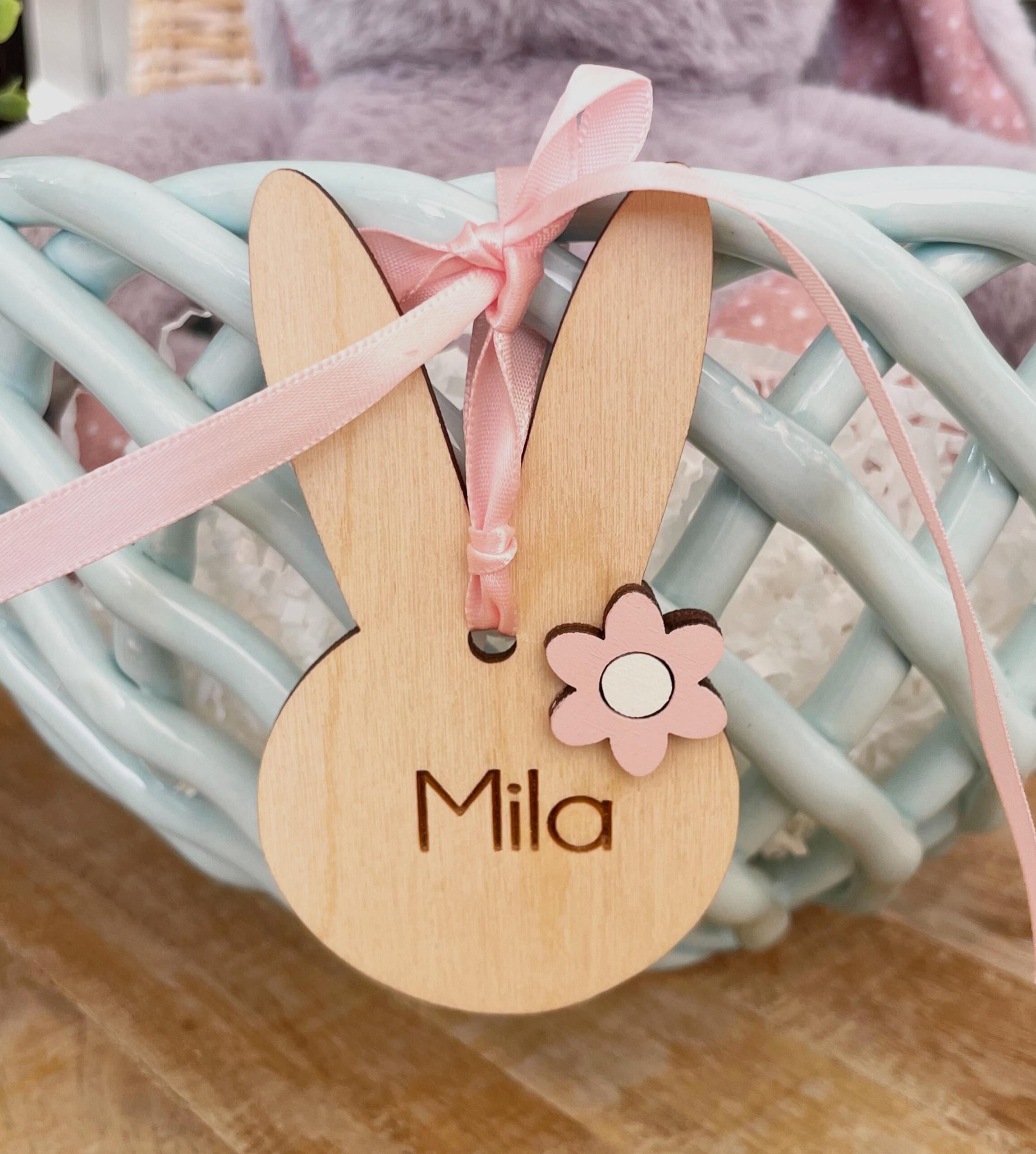 Engraved Easter Basket Tag: Bunny Ears, Bow Tie, Personalized Name - Image 3