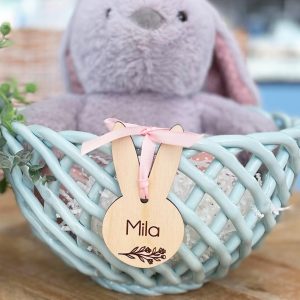 Personalized Easter Basket Tag: Engraved Bunny Ears, Floral Design