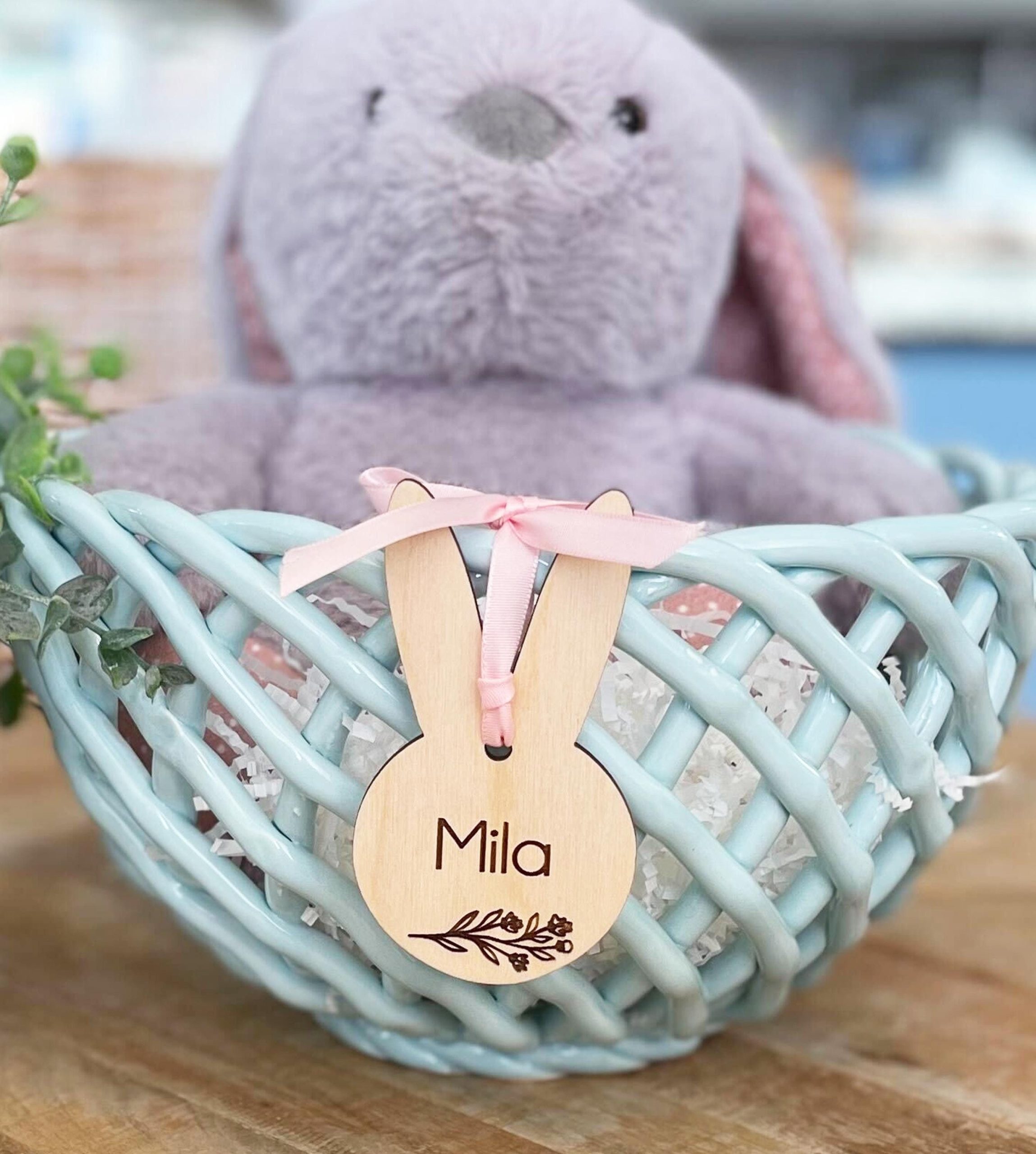 Personalized Easter Basket Tag: Engraved Bunny Ears, Floral Design