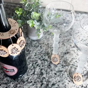 Succulent Wine Glass Charms Set: Engraved Wood with Bottle Hanger