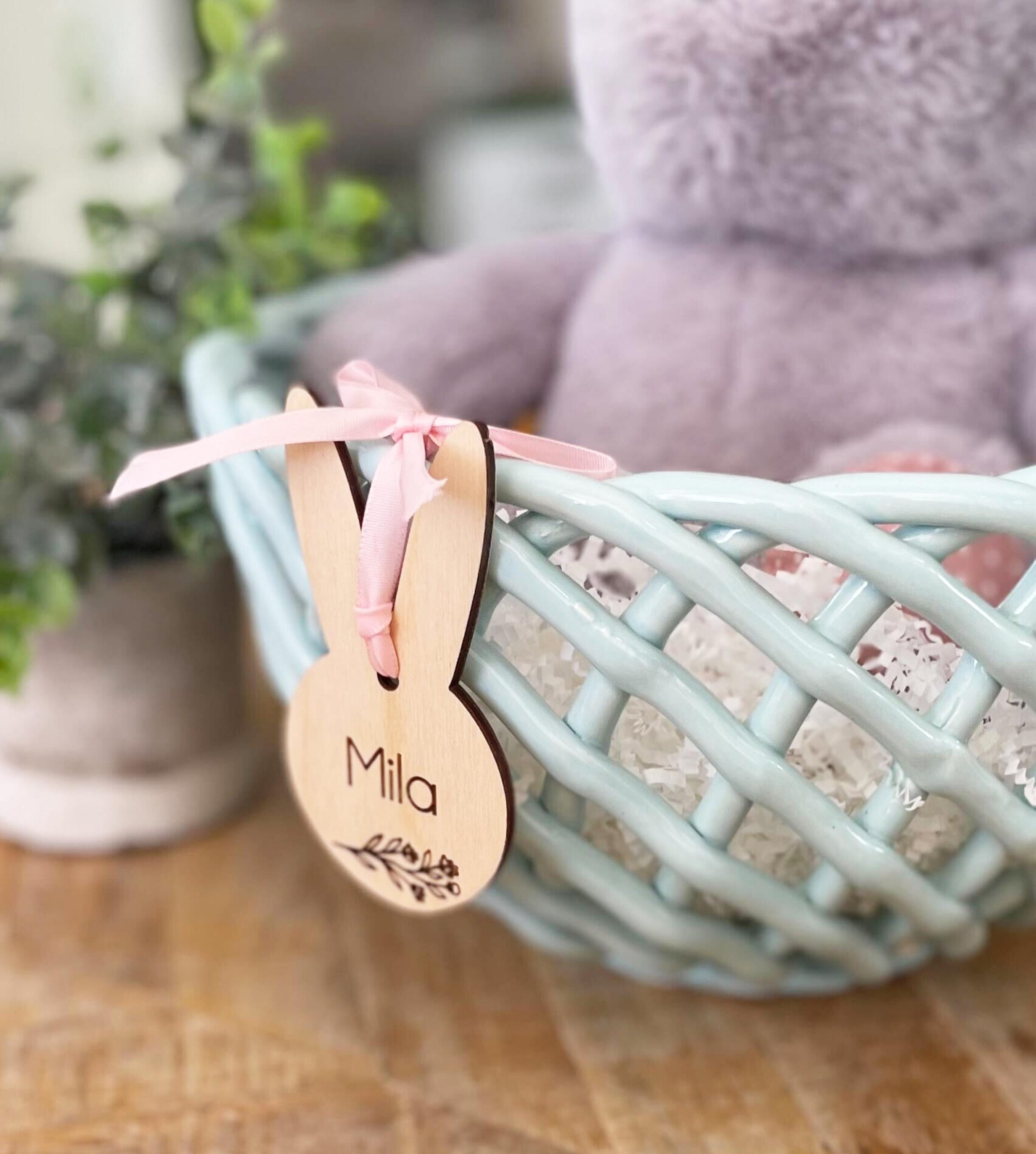 Personalized Easter Basket Tag: Engraved Bunny Ears, Floral Design - Image 2