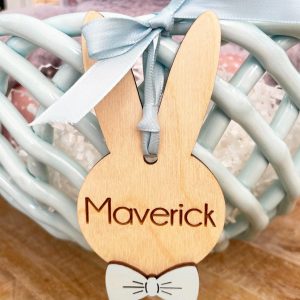 Engraved Easter Basket Tag: Bunny Ears, Bow Tie, Personalized Name
