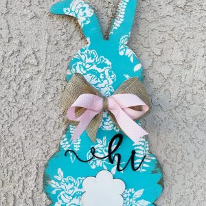 Teal Blue Floral Bunny Porch Hanger: Vintage Easter Decor