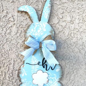 Floral Bunny Porch Sign: Vintage Blue Easter Decor