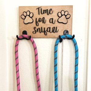 Wooden Dog Leash Holder: "Time for a Snifari", Double Paw Print Hooks