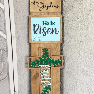 Easter Cross Porch Leaner: Interchangeable 'He Is Risen' Wood Sign