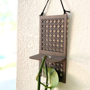 Handmade Wooden Wall Plant Propagation Station, Rattan Cutout Design, Single Glass Tube, Boho Home Decor, Plant Lover Gift