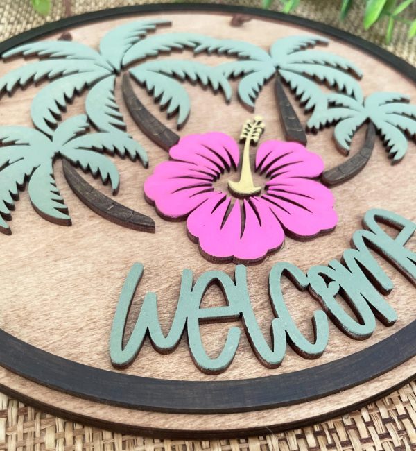Tropical Welcome Sign: Palm Trees & Hibiscus, Wood Porch Decor – bythebirch