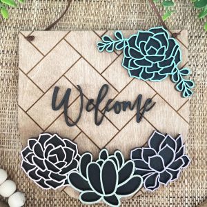 Layered Wood Succulent Welcome Sign: 3D Engraved Porch Decor