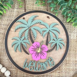 Tropical Welcome Sign: Palm Trees & Hibiscus, Wood Porch Decor