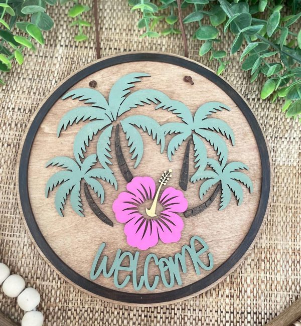 Tropical Welcome Sign: Palm Trees & Hibiscus, Wood Porch Decor – bythebirch