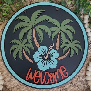 Tropical Hibiscus Welcome Sign: Wood Palm Tree Porch Decor