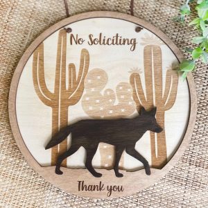 Desert Coyote No Soliciting Sign: Southwest Style Wood Porch Decor